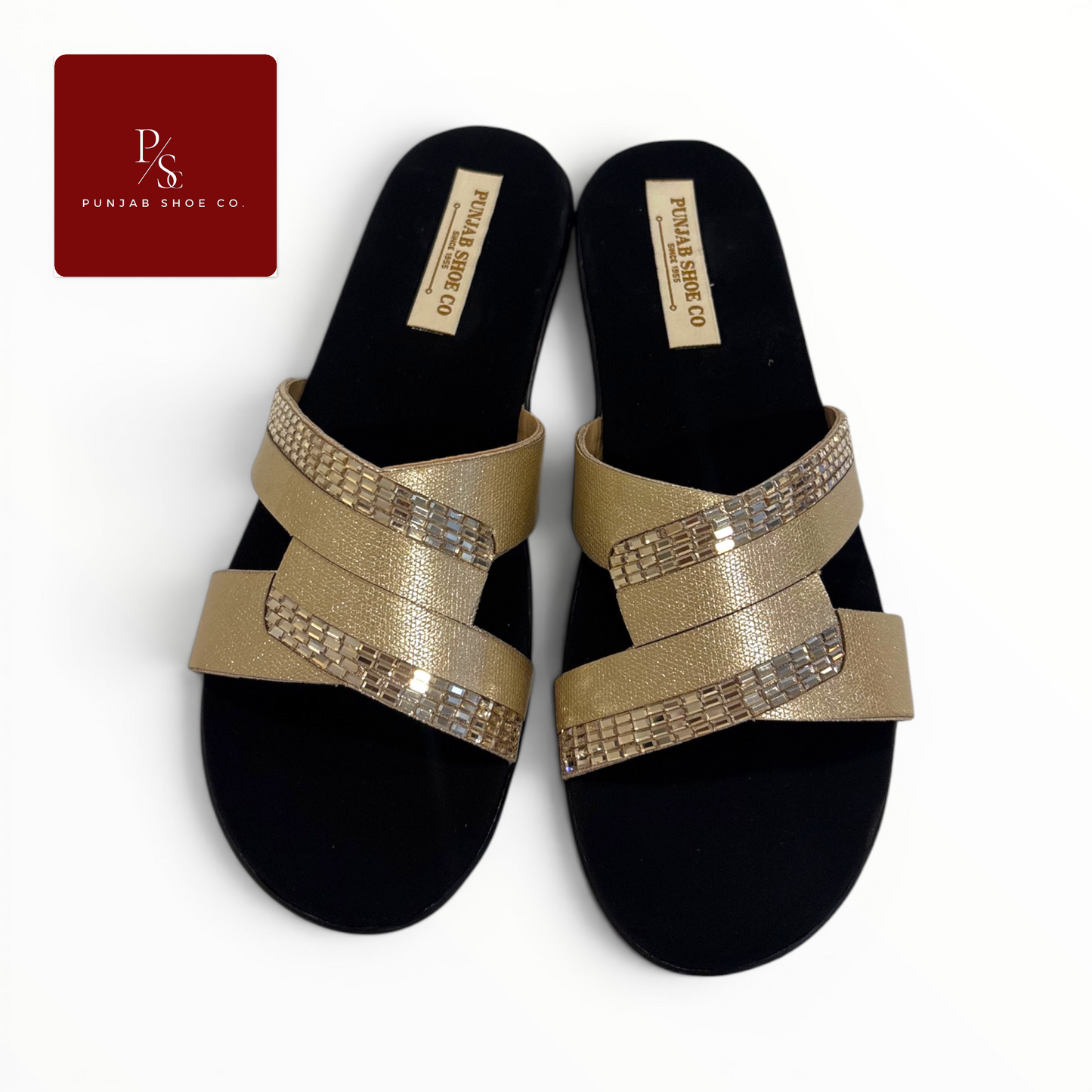 Crystal Embellished Cross-Strap 
Flat Slides in Gold for Women — 
Punjab Shoe Co. Kamla Nagar Delhi