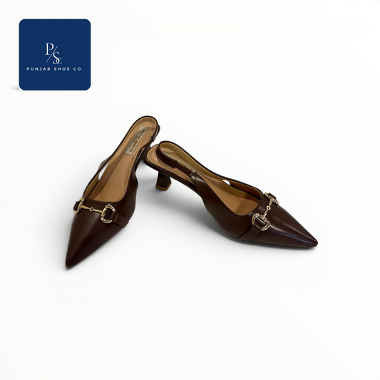 Monroe Heels Pointed Toe Horsebit 
Slingback in Brown for Women — 
Punjab Shoe Co. Kamla Nagar Delhi
