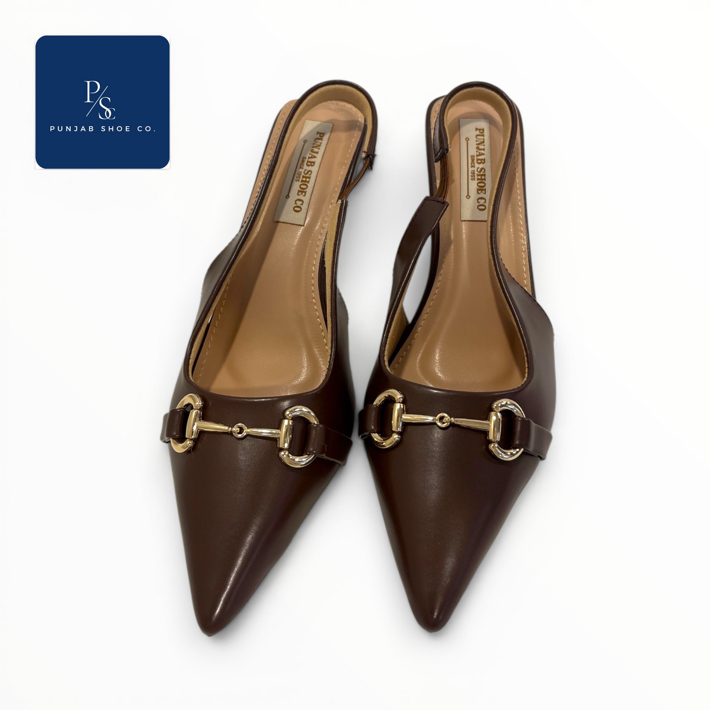 Monroe Heels Pointed Toe Horsebit 
Slingback in Brown for Women — 
Punjab Shoe Co. Kamla Nagar Delhi
