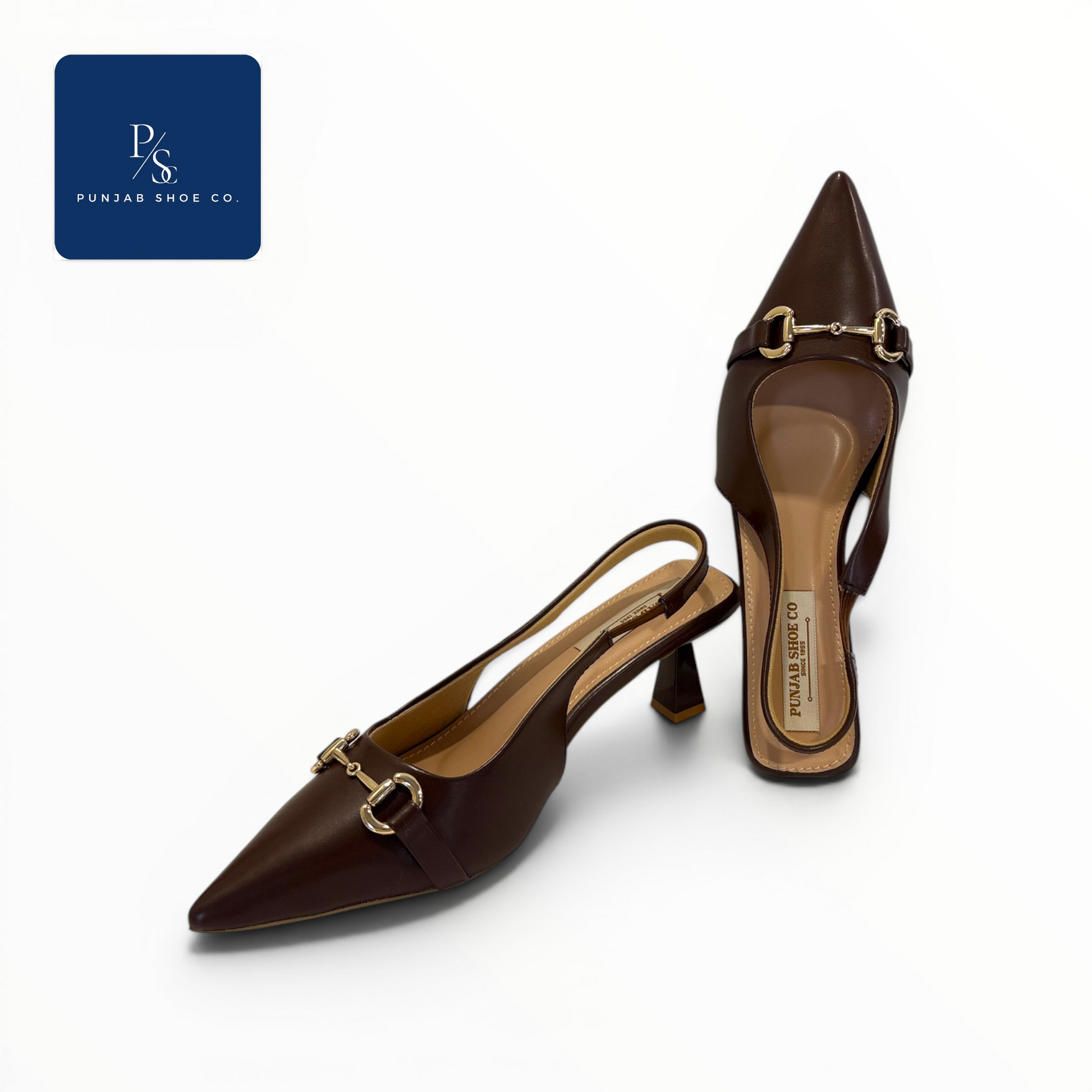 Monroe Heels Pointed Toe Horsebit 
Slingback in Brown for Women — 
Punjab Shoe Co. Kamla Nagar Delhi