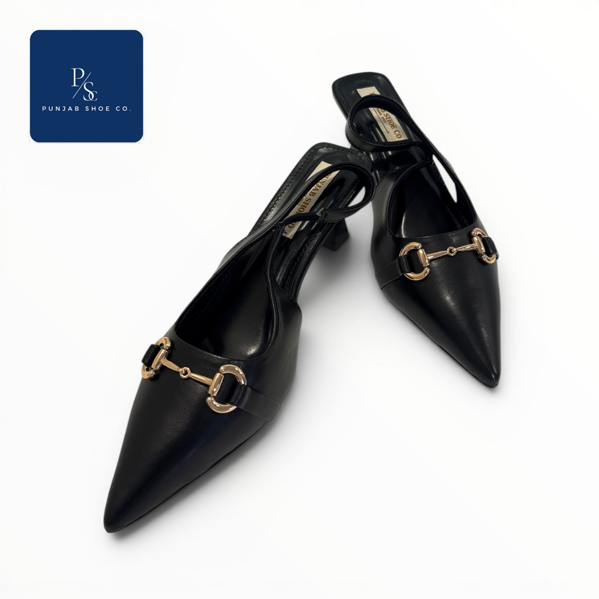 Monroe Heels Pointed Toe Horsebit 
Slingback in Black for Women — 
Punjab Shoe Co. Kamla Nagar Delhi