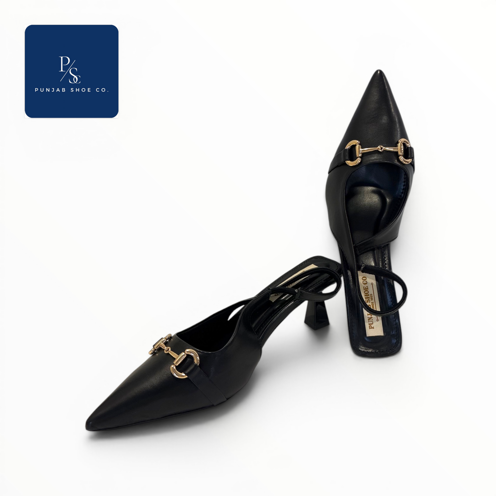 Monroe Heels Pointed Toe Horsebit 
Slingback in Black for Women — 
Punjab Shoe Co. Kamla Nagar Delhi