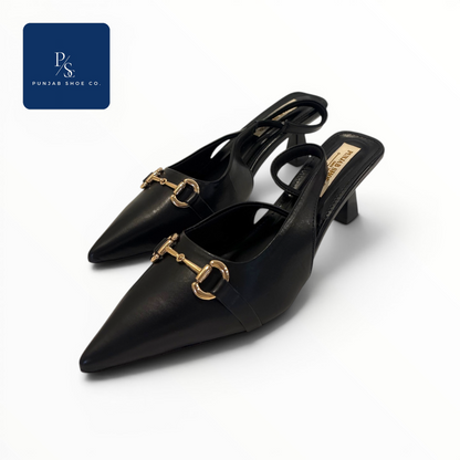 Monroe Heels Pointed Toe Horsebit 
Slingback in Black for Women — 
Punjab Shoe Co. Kamla Nagar Delhi