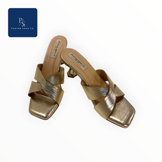 Gold square toe party heels with geometric heel