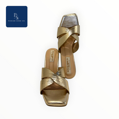 Gold metallic cross strap block heels for women