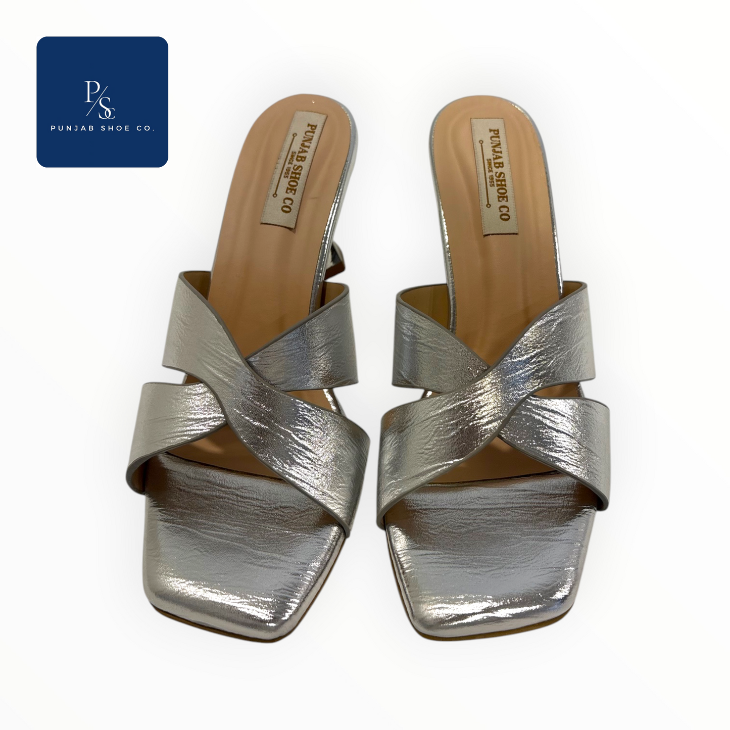 Silver square toe party heels with geometric heel