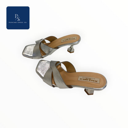 Silver metallic cross strap block heels for women