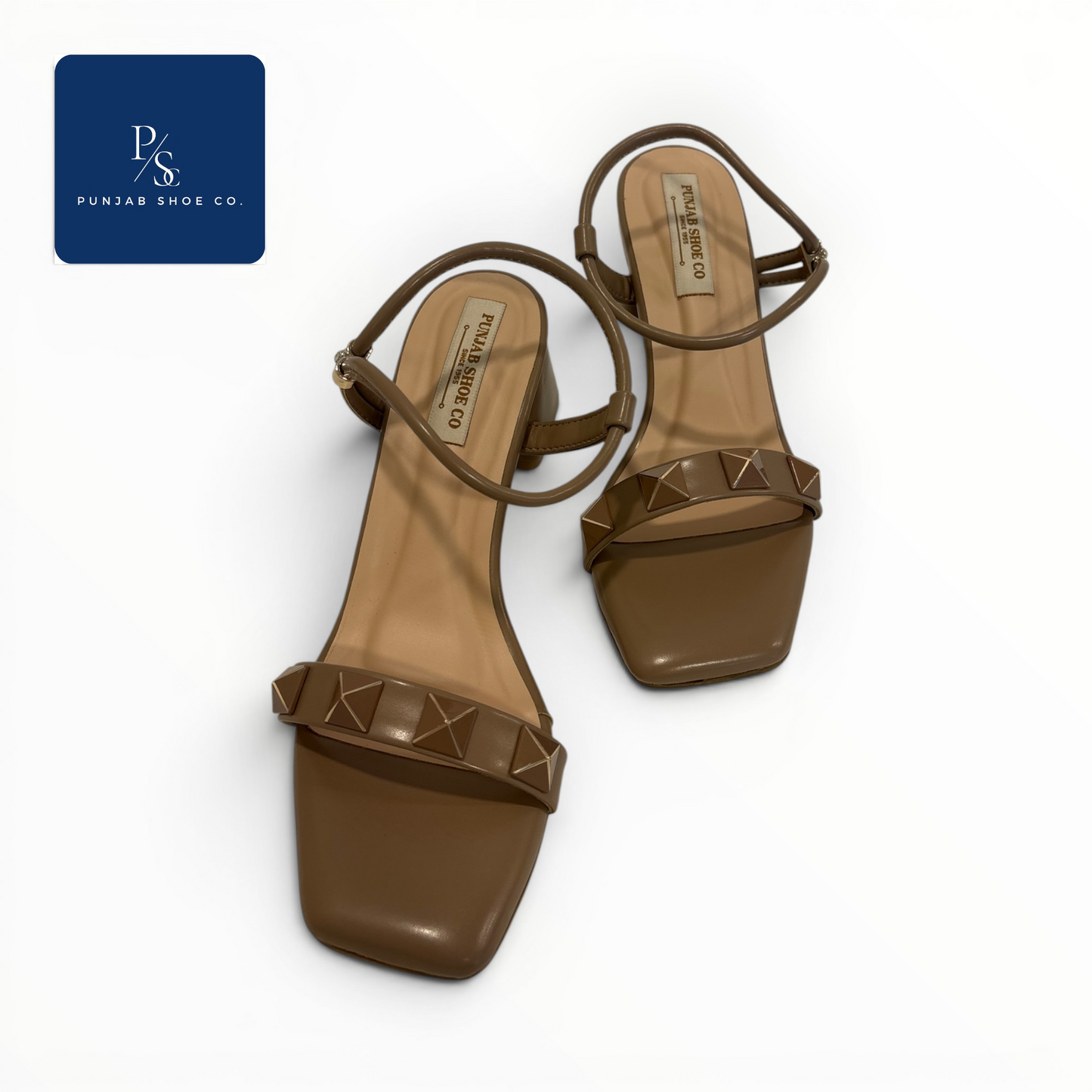 Studded Square Toe Heeled Sandals with Ankle Strap