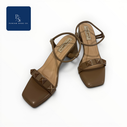 Studded Square Toe Heeled Sandals with Ankle Strap