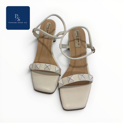 Studded Square Toe Heeled Sandals with Ankle Strap