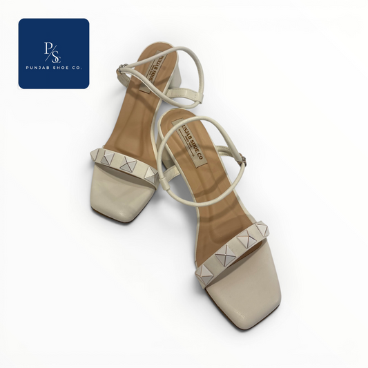 Studded Square Toe Heeled Sandals with Ankle Strap