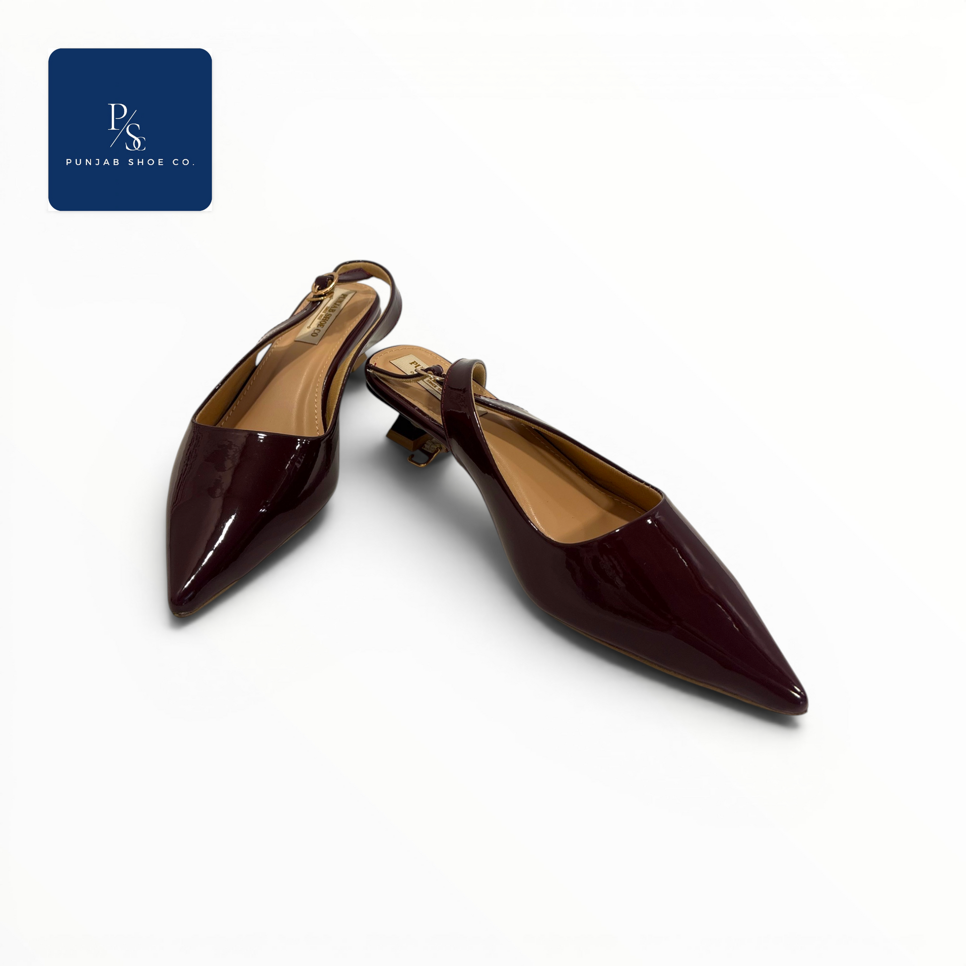 Patent Pointed Toe Kitten Heel 
Slingback in Burgundy for Women — 
Punjab Shoe Co. Kamla Nagar Delhi