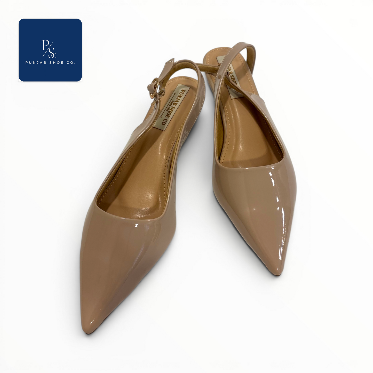Patent Pointed Toe Kitten Heel 
Slingback in Beige for Women — 
Punjab Shoe Co. Kamla Nagar Delhi