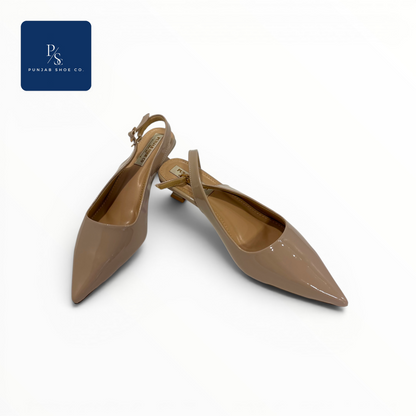 Patent Pointed Toe Kitten Heel 
Slingback in Beige for Women — 
Punjab Shoe Co. Kamla Nagar Delhi