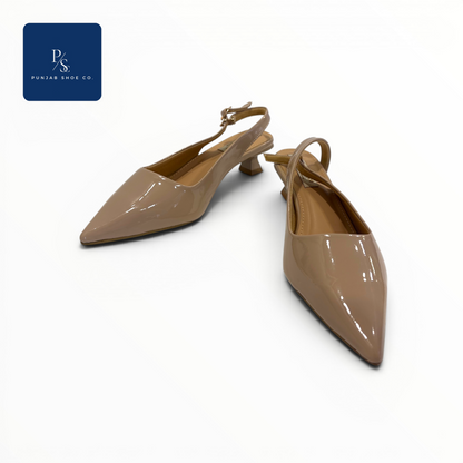 Patent Pointed Toe Kitten Heel 
Slingback in Beige for Women — 
Punjab Shoe Co. Kamla Nagar Delhi