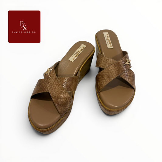 Snakeskin Cross-Strap Platform Wedge 
Slides in Brown for Women — Punjab 
Shoe Co. Kamla Nagar Delhi
