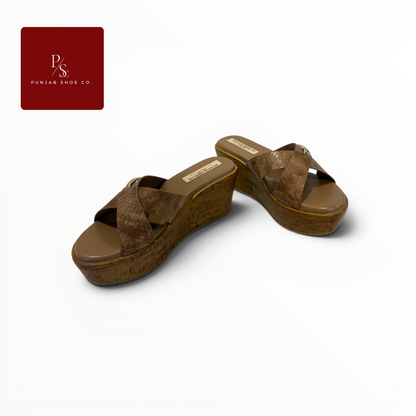 Snakeskin Cross-Strap Platform Wedge 
Slides in Brown for Women — Punjab 
Shoe Co. Kamla Nagar Delhi
