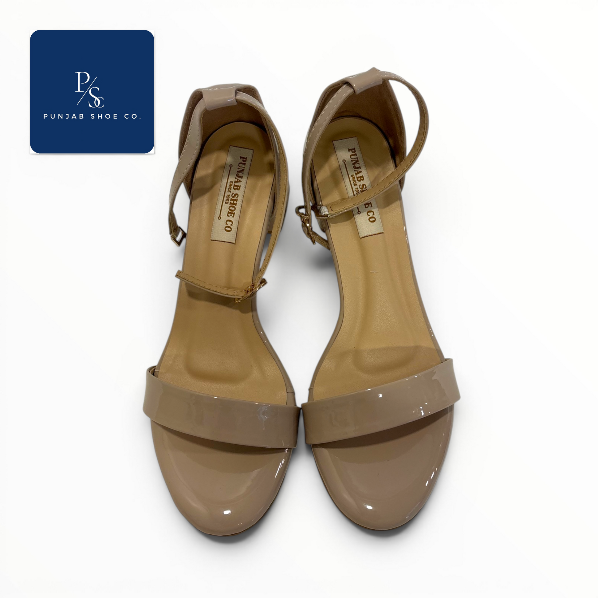 Nude Patent Ankle Strap Block Heel 
Sandals for Women — Punjab Shoe Co. 
Kamla Nagar Delhi