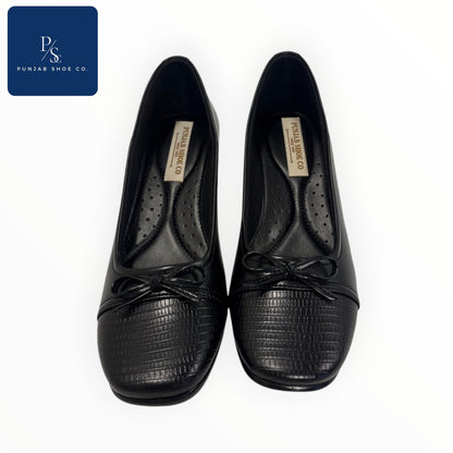 Women Black Heeled Belly Shoes with Bow