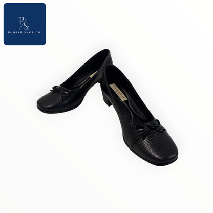 Women Black Heeled Belly Shoes with Bow