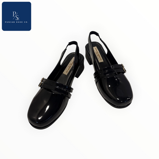 Women Black Slingback Patent Loafers with Buckle