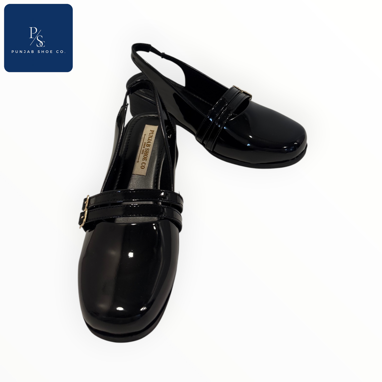 Women Black Slingback Patent Loafers with Buckle