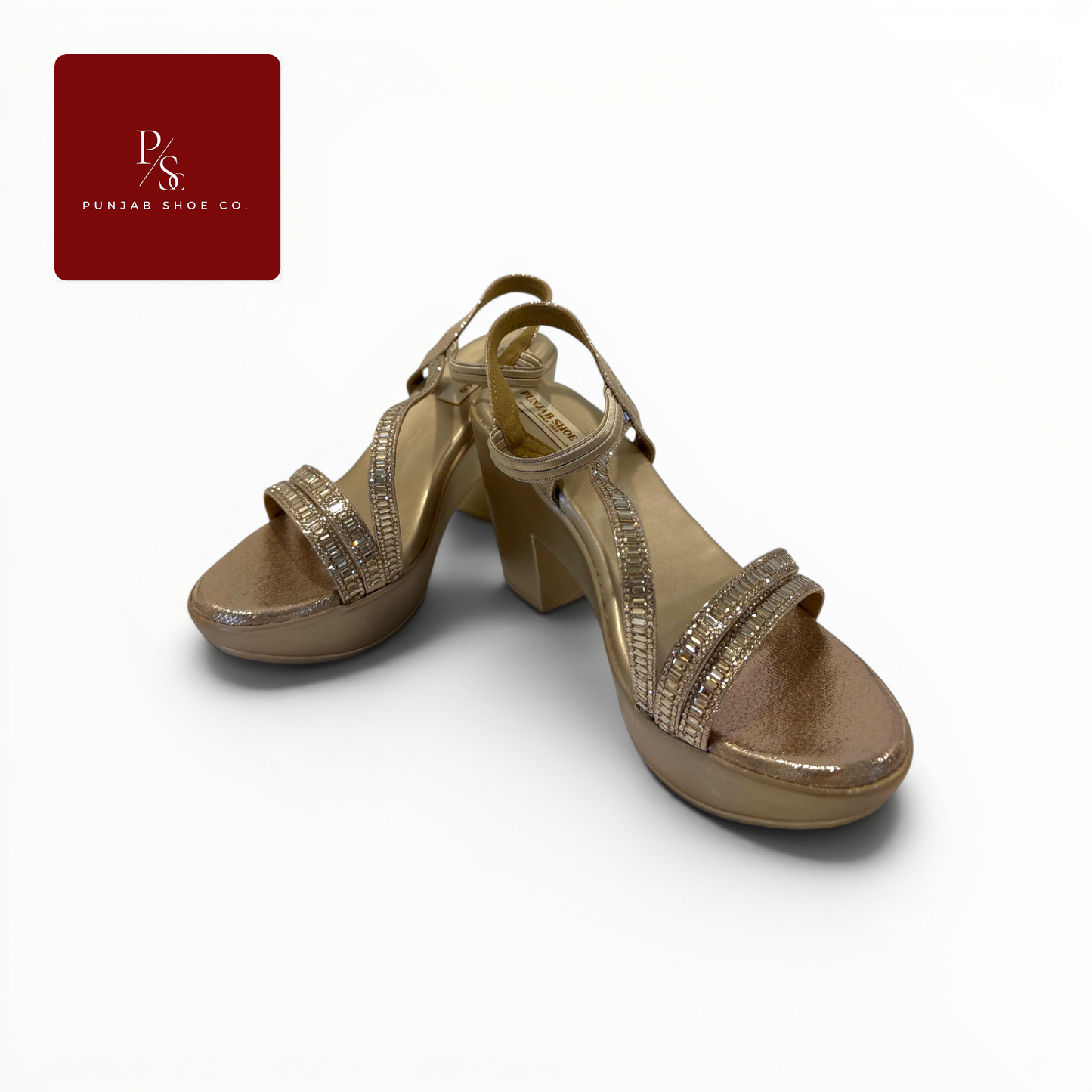 Baguette Crystal Multi-Strap 
Platform Block Heel Sandals in 
Gold for Women — Punjab Shoe Co. 
Kamla Nagar Delhi
