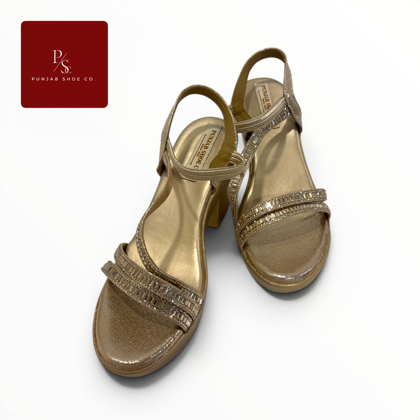 Baguette Crystal Multi-Strap 
Platform Block Heel Sandals in 
Gold for Women — Punjab Shoe Co. 
Kamla Nagar Delhi