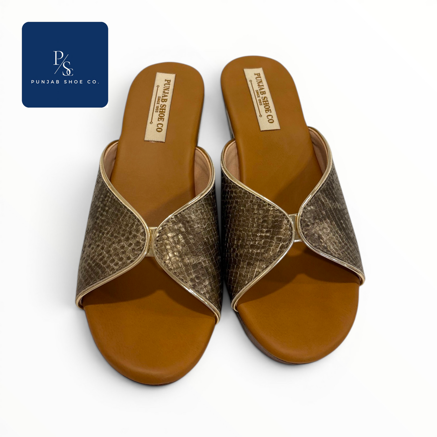 Snakeskin Cross-Strap Platform Heels 
in Brown & Gold for Women — Punjab 
Shoe Co. Kamla Nagar Delhi