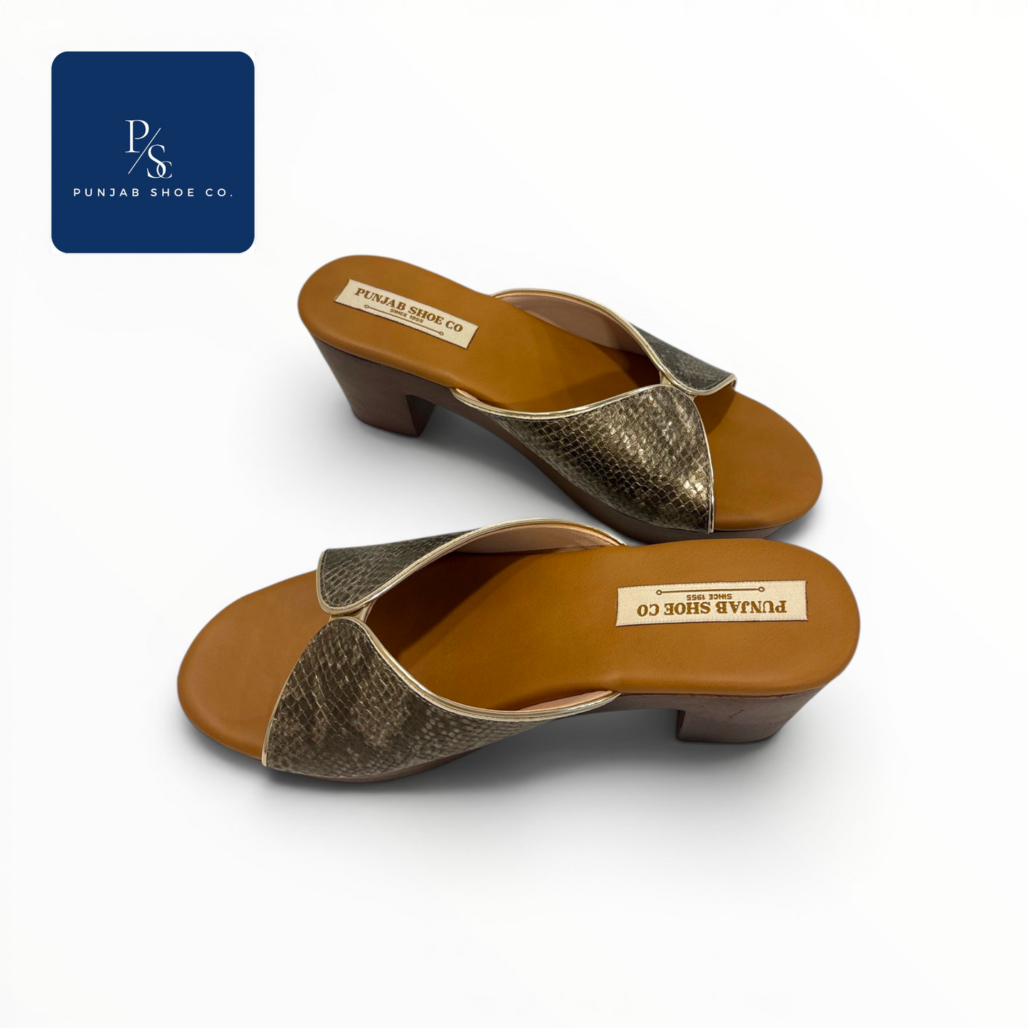 Snakeskin Cross-Strap Platform Heels 
in Brown & Gold for Women — Punjab 
Shoe Co. Delhi