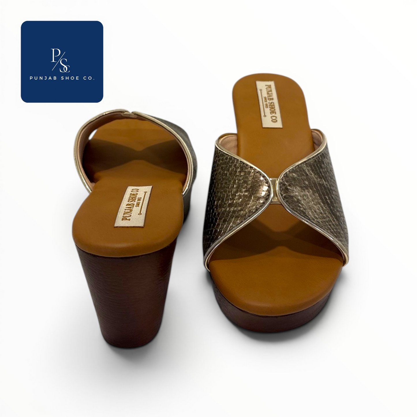 Snakeskin Cross-Strap Platform Heels 
in Brown & Gold for Women — Punjab 
Shoe Co. Kamla Nagar Delhi