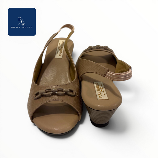 Textured Peep Toe Slingback Heels 
with Chain Detail in Beige for Women 
— Punjab Shoe Co. Kamla Nagar Delhi