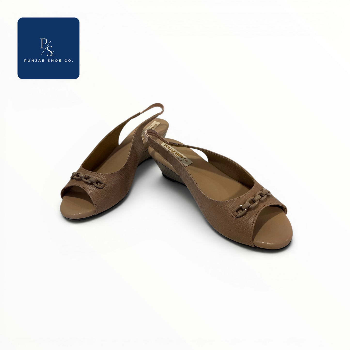 Textured Peep Toe Slingback Heels 
with Chain Detail in Beige for Women 
— Punjab Shoe Co. Kamla Nagar Delhi