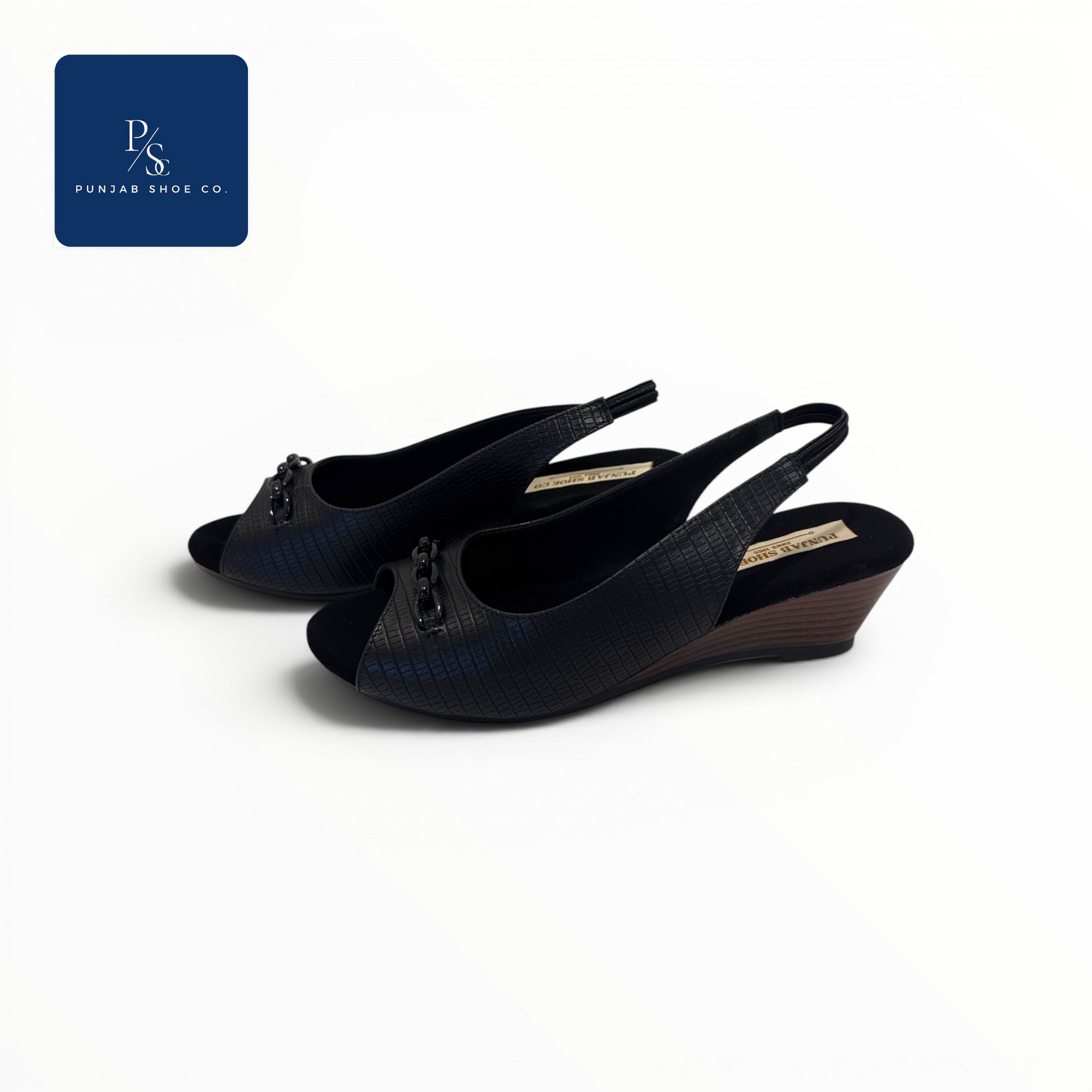 Textured Peep Toe Slingback Heels 
with Chain Detail in Black for Women 
— Punjab Shoe Co. Kamla Nagar Delhi