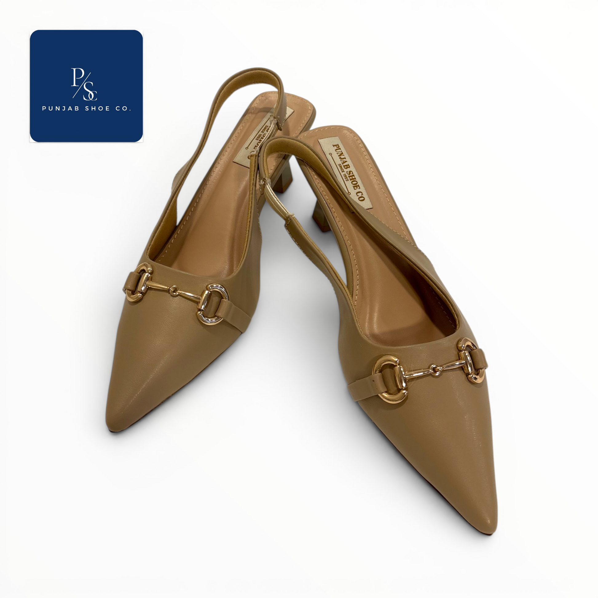 Monroe Heels Pointed Toe Horsebit 
Slingback in Beige for Women — 
Punjab Shoe Co. Kamla Nagar Delhi
