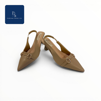 Monroe Heels Pointed Toe Horsebit 
Slingback in Beige for Women — 
Punjab Shoe Co. Kamla Nagar Delhi