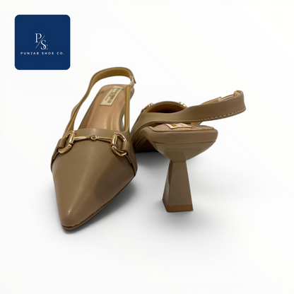 Monroe Heels Pointed Toe Horsebit 
Slingback in Beige for Women — 
Punjab Shoe Co. Kamla Nagar Delhi