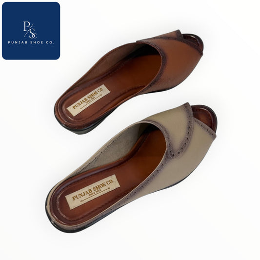 Beige & Tan Open-Toe Mules with Brogue Detail