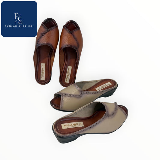 Beige & Tan Open-Toe Mules with Brogue Detail