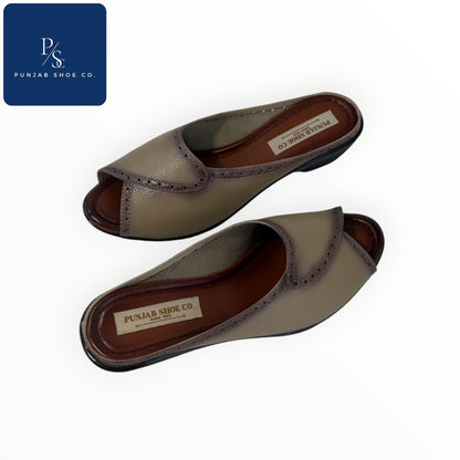 Beige & Tan Open-Toe Mules with Brogue Detail