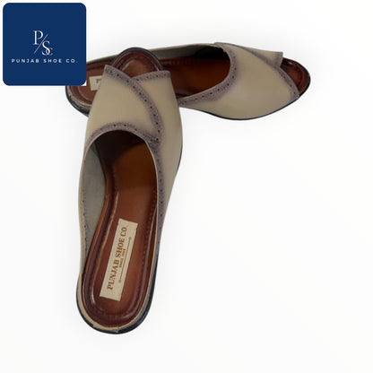 Beige & Tan Open-Toe Mules with Brogue Detail
