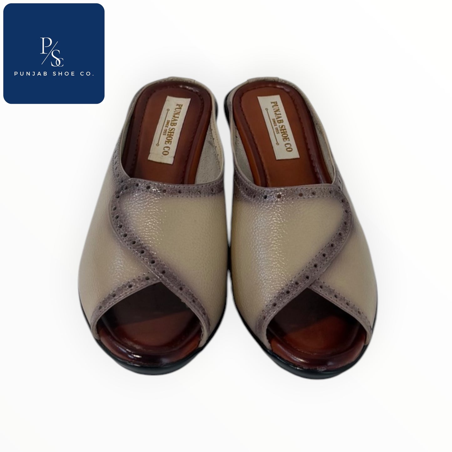 Beige & Tan Open-Toe Mules with Brogue Detail