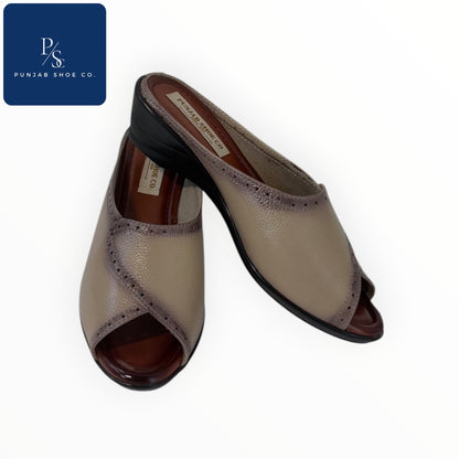 Beige & Tan Open-Toe Mules with Brogue Detail