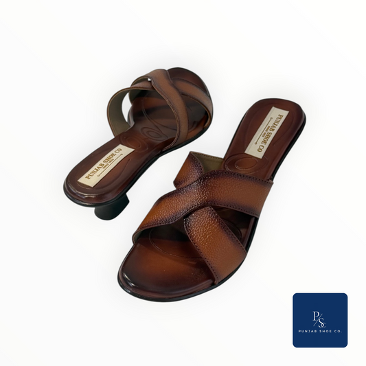 Women Brown & Beige Criss-Cross Strap Heeled Mules