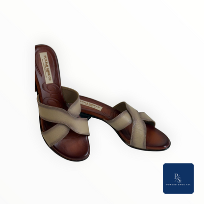 Women Brown & Beige Criss-Cross Strap Heeled Mules