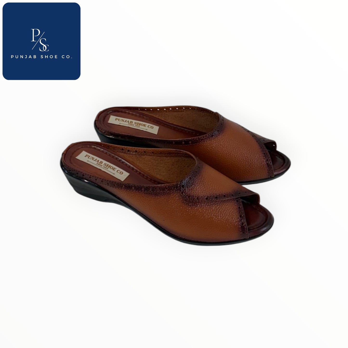 Beige & Tan Open-Toe Mules with Brogue Detail