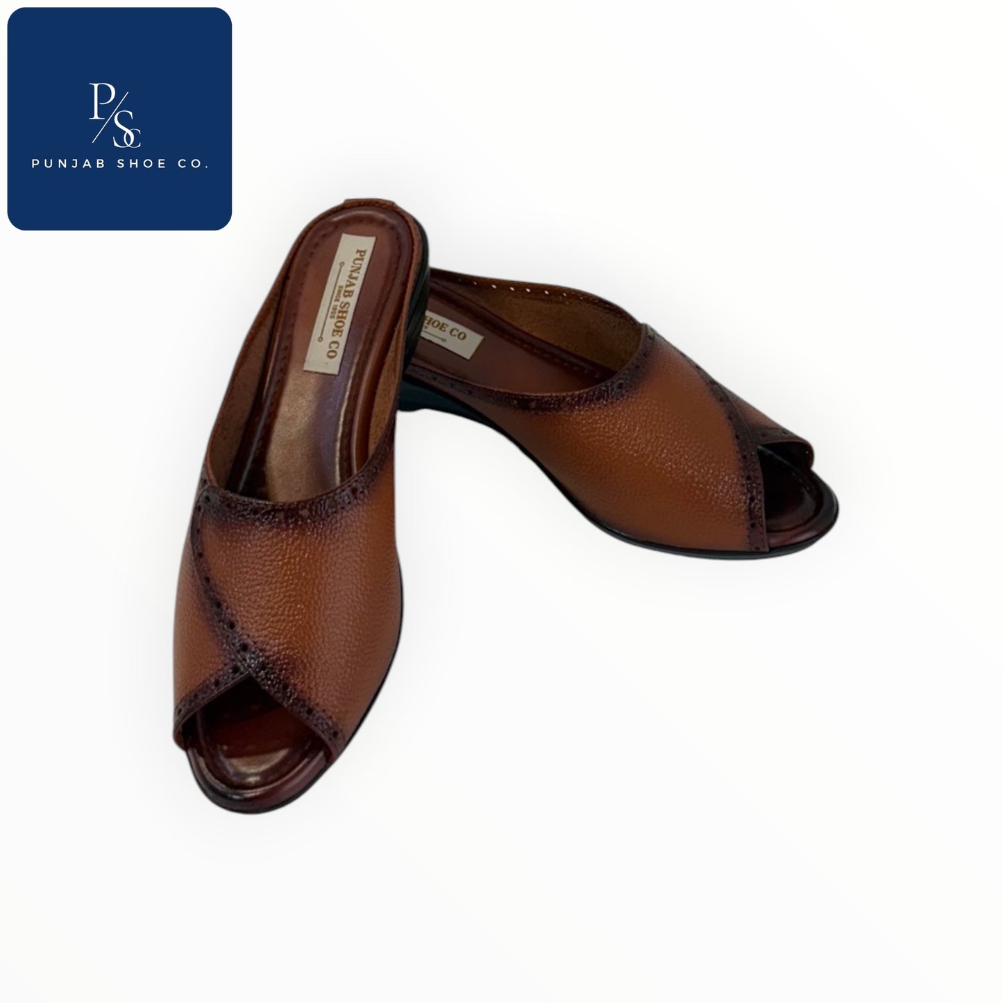 Beige & Tan Open-Toe Mules with Brogue Detail