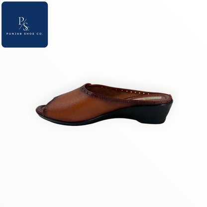 Beige & Tan Open-Toe Mules with Brogue Detail