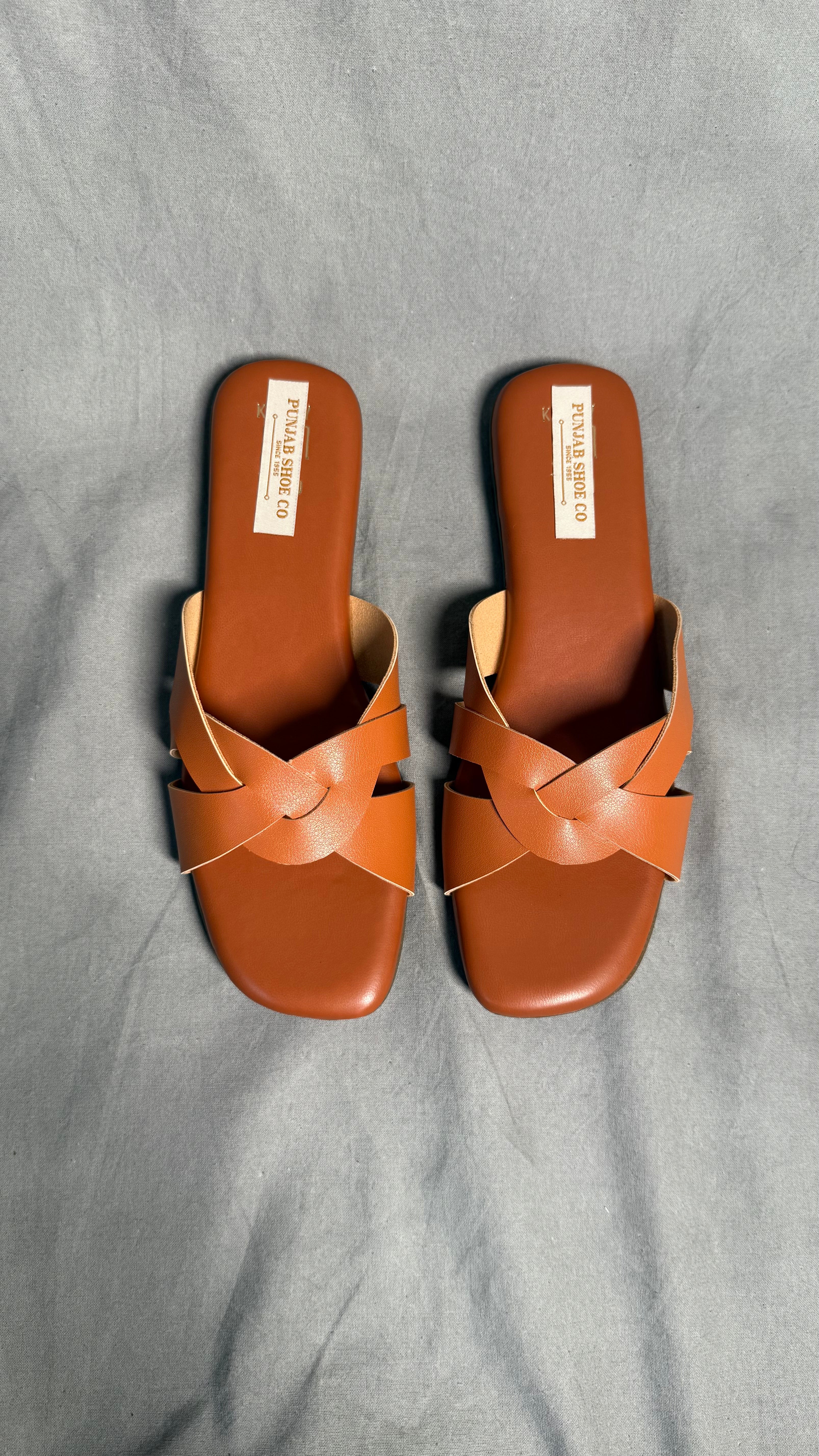 Slip-On Flats for Women with Cross Strap Design in tan colour top view