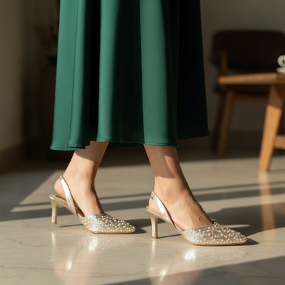 Pearl & Crystal Embellished Pointed  Toe Slingback Heels | Silver & Gold  | Women's Bridal & Party Heels |  Punjab Shoe Co.